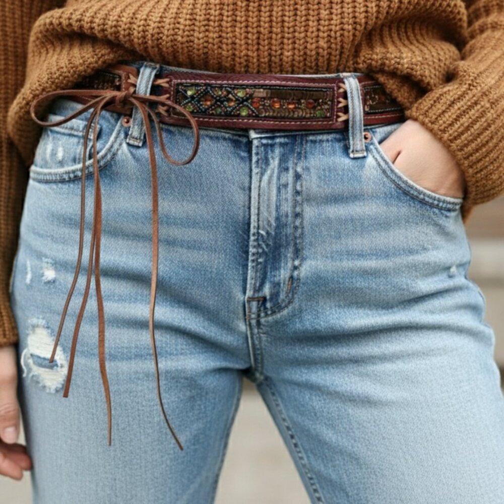 CHICO'S belt beaded leather ties - S/M
